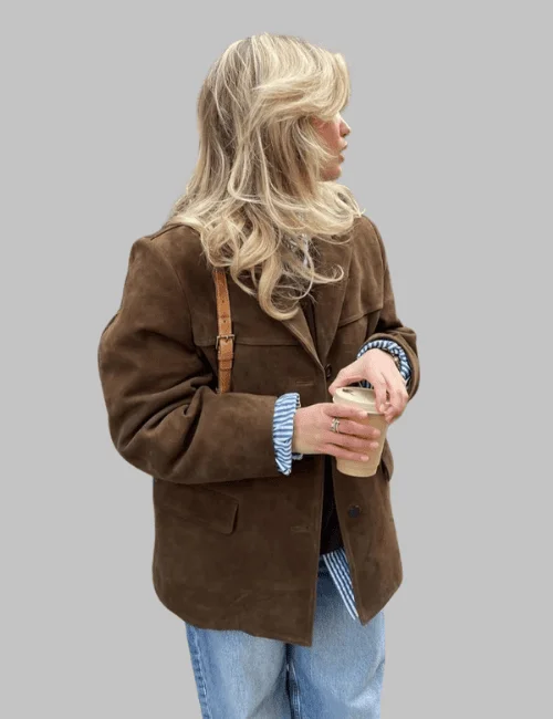 brown faux suede blazer with button down and lapel design